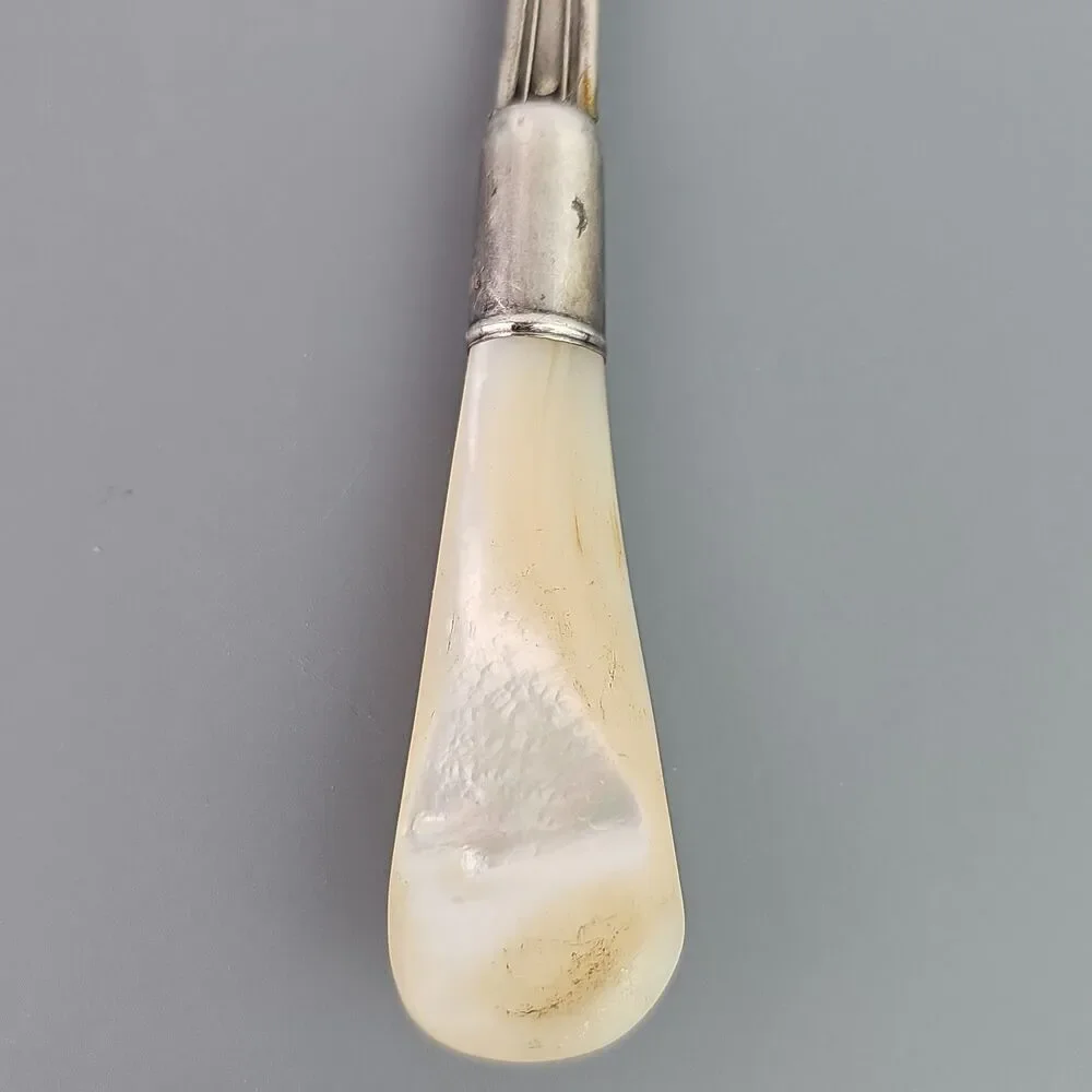 Sheffield Mother of Pearl Shell Handle Silver Plate Cold Meat Serving Fork 8.5in
